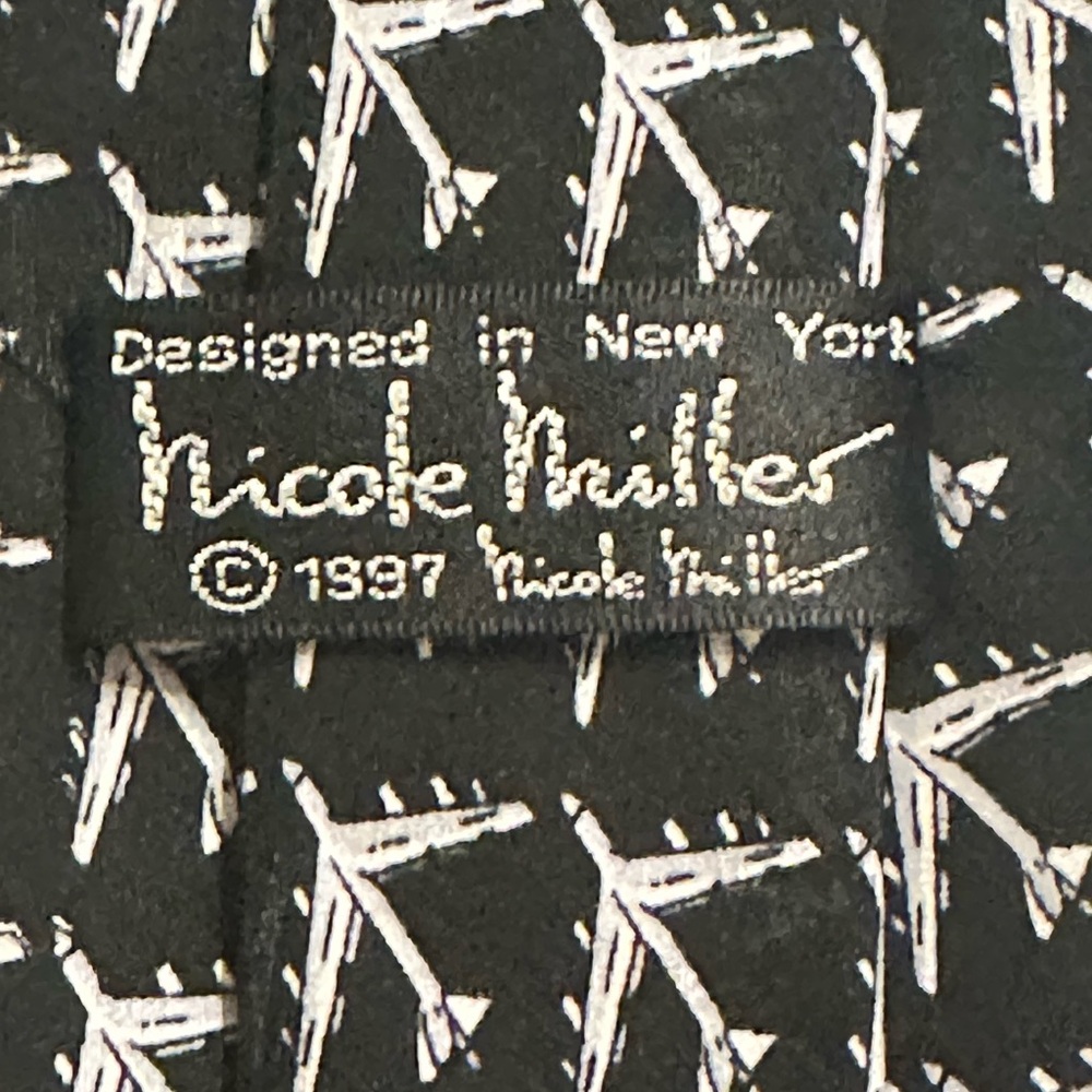Nicole Miller Silk Tie 1997 Airplane Print Black White Vintage Novelty Hand Sewn - Picture 3 of 5